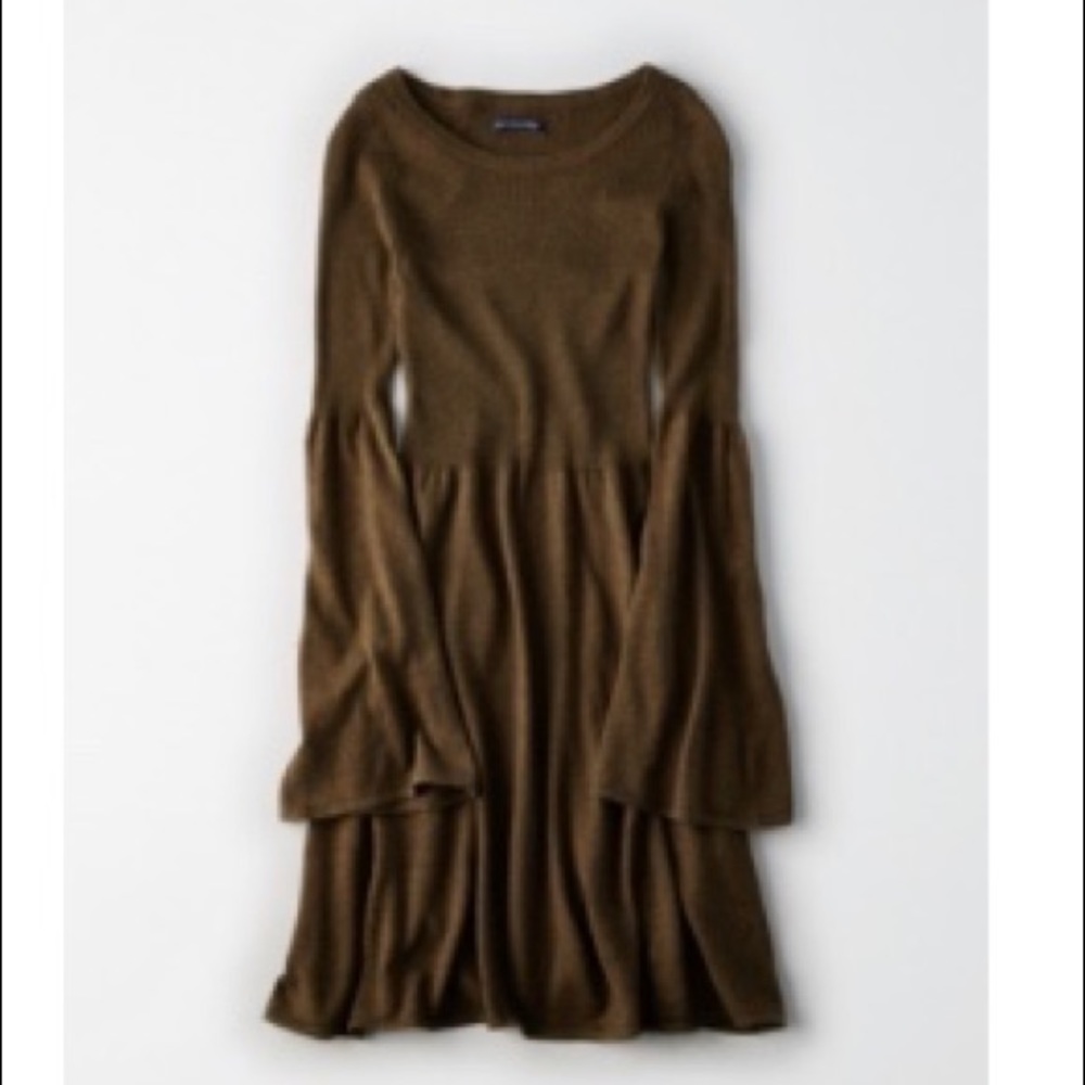AE Amazingly Soft Bell-Sleeve Olive Sweater Dress